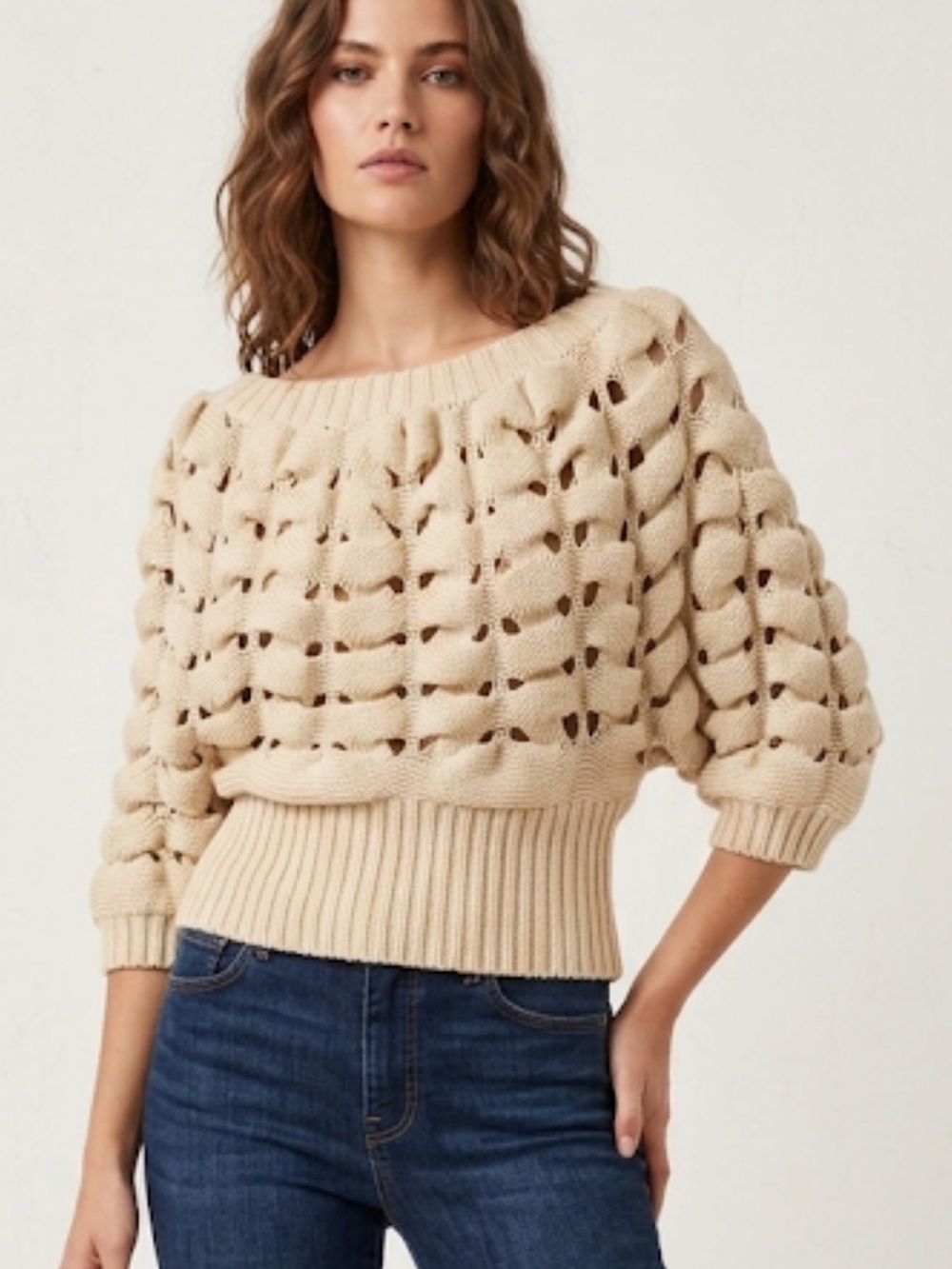 Avec Sz S Cream Open Knit Sweater Chunky Braided Weave Relaxed Fit Layering Top